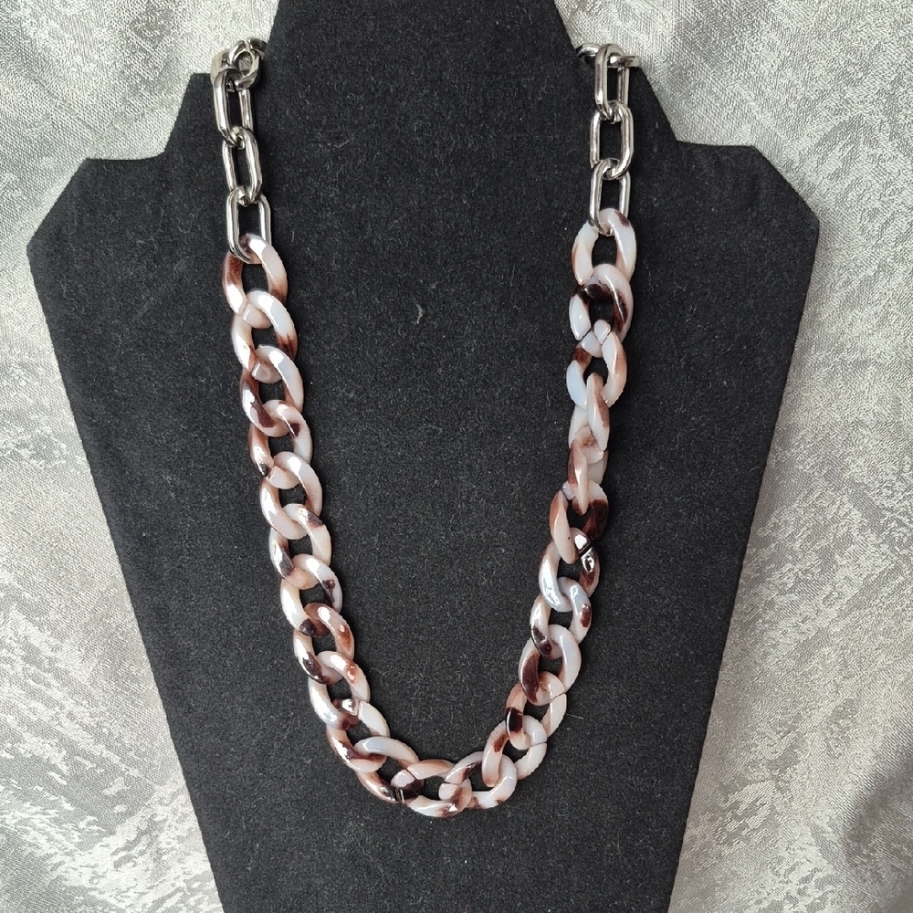 Red Coral Matinee Length Brown, Cream and Silver Chain Necklace (J33)
